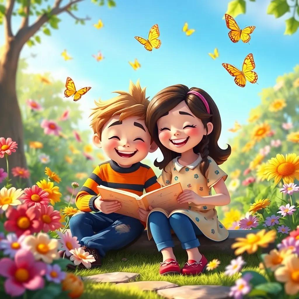 Freddy and Lily sitting together, telling stories with smiles, in a sunny garden full of flowers, butterflies, and laughter, heartwarming scene, vibrant colors, playful style, high quality