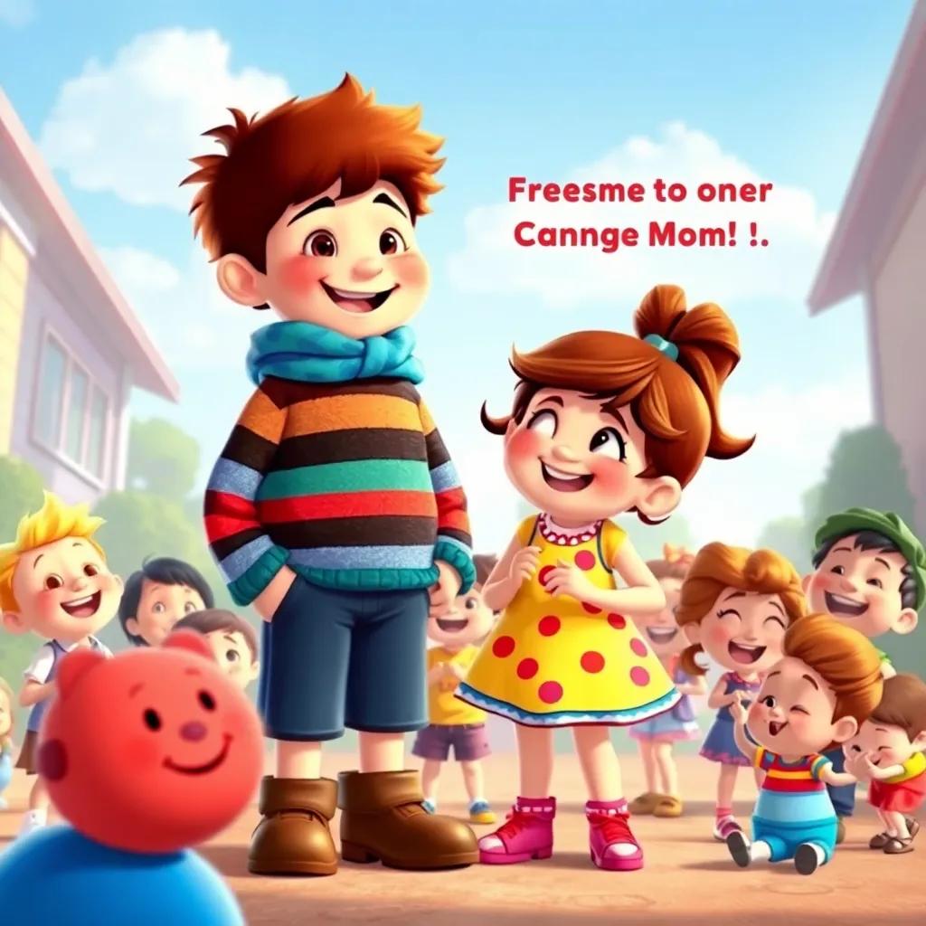 Freddy and Lily standing together, surrounded by children from the neighborhood, all playing and laughing, showing that friends come in all shapes and sizes, joyful atmosphere, colorful, high quality