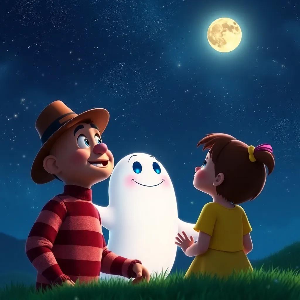 A magical scene of Freddy, the Friendly Ghost, and Lily looking at the stars at night, their faces filled with wonder, a beautiful night sky filled with twinkling stars and a glowing moon, enchanting atmosphere, high quality