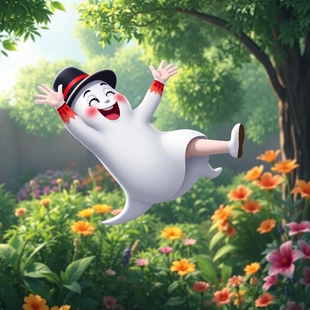 Freddy, the friendly ghost, lifting Lily high in the air as they fly over the lush garden, with laughter and joy in their expressions, whimsical and adventurous scene, bright colors, high quality