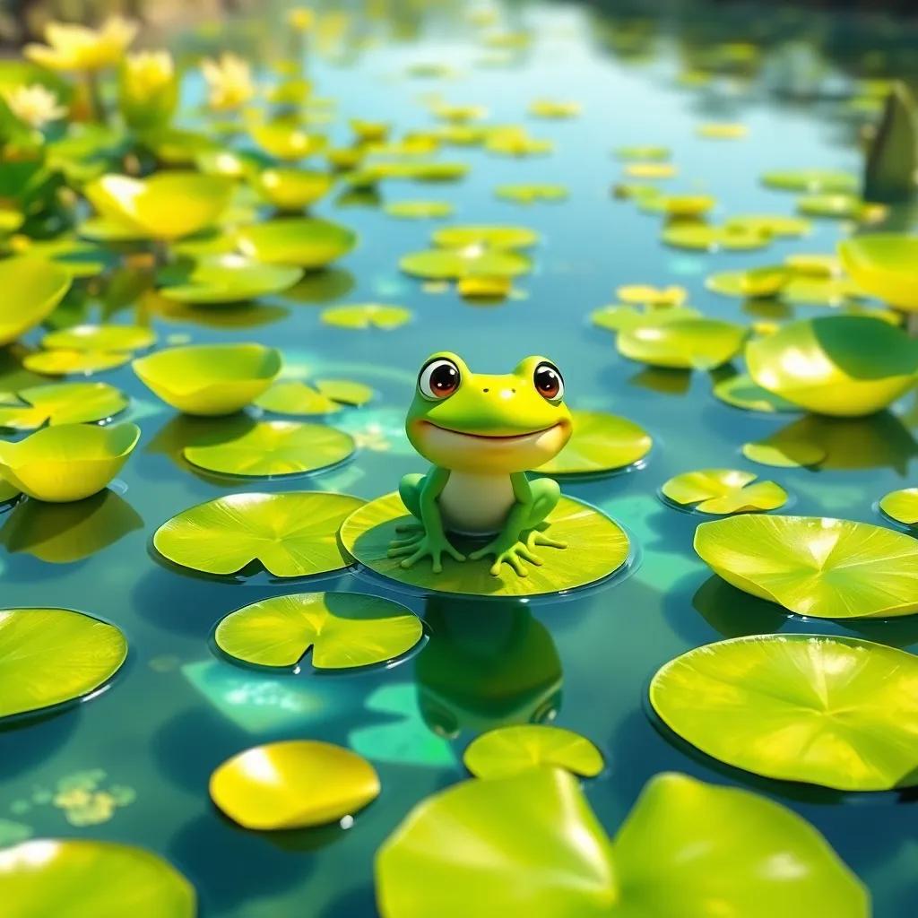 A lively pond filled with crystal clear water and bright green lily pads, Freddy the Frog, a small green frog with big eyes, happily hopping from pad to pad, a warm sunny day, cheerful atmosphere, vibrant colors, high quality, digital art