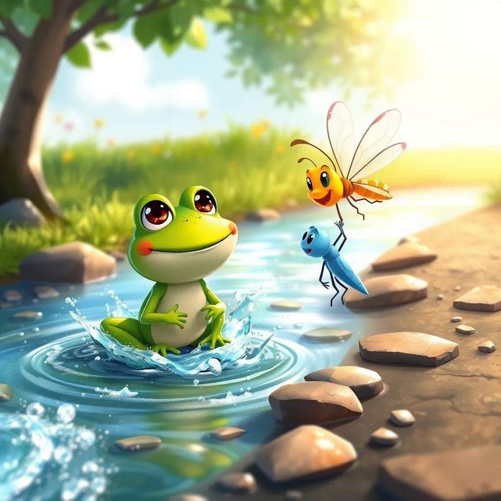 A sunny day by a sparkling stream, Freddy the Frog, a small green frog with sparkling eyes, chatting with Lucy, a cute dragonfly with iridescent wings, laughing and splashing together, fun and playful, detailed illustration, child-friendly, joyful scene
