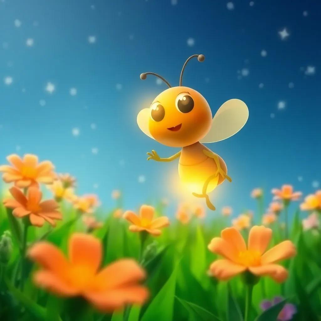 A small, bright firefly named Freddy, glowing warmly, flying in a big green meadow under a starlit sky, surrounded by blooming flowers, digital art, cheerful colors, whimsical atmosphere, high quality