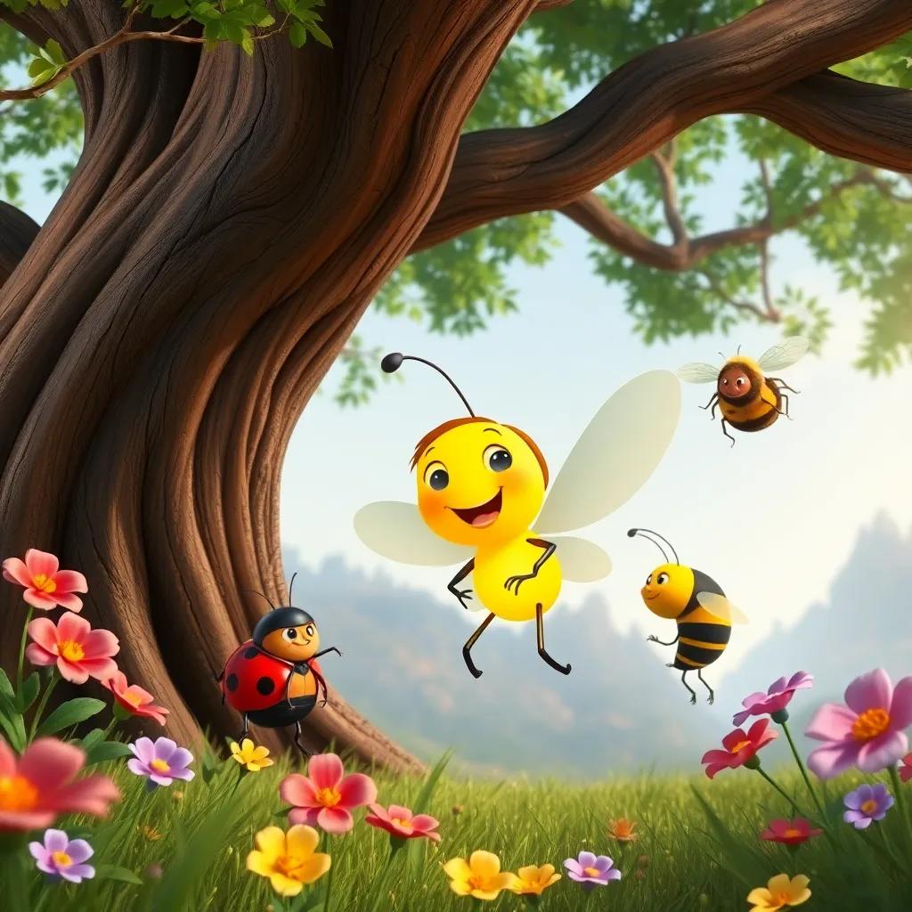 Freddy the firefly, a small glowing creature, buzzing joyfully with a ladybug and a bumblebee under an old oak tree, vibrant flowers around, happy expressions, animated style, bright colors, inviting view, high quality
