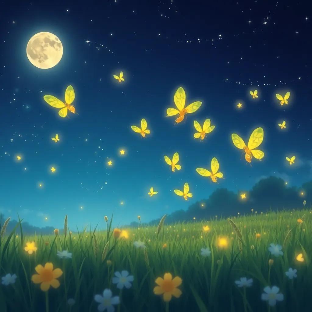 A group of fireflies flying together in the night sky, glowing bright, with twinkling stars and moonlight above a peaceful meadow, full of calm and wonder, dreamy illustration, rich colors, magical setting, high quality