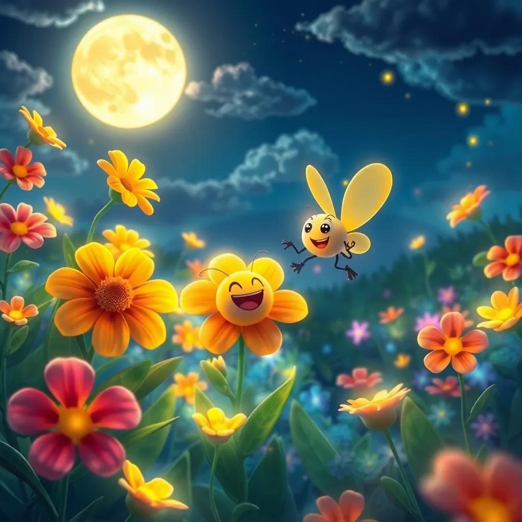 Colorful flowers swaying and dancing joyfully as Freddy the firefly and friends light up their surroundings, under a picturesque moonlit sky, glowing petals and leaves, delightful art, happy atmosphere, enchanting detail, high quality