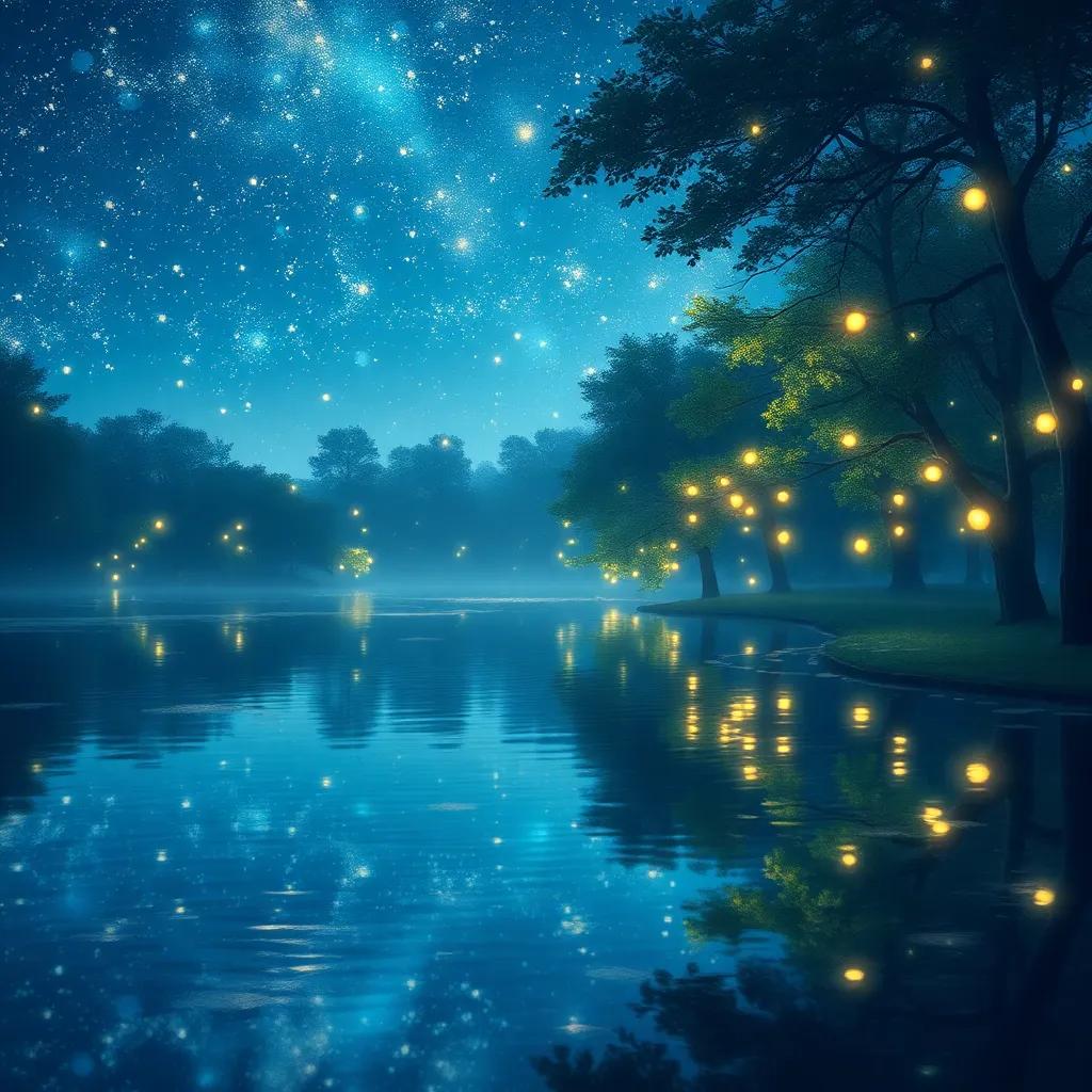A serene pond shimmering like a starry sky, surrounded by trees, with fireflies reflecting on the water, creating beautiful patterns in the air, peaceful and captivating view, realistic painting, calming colors, tranquil atmosphere, high quality
