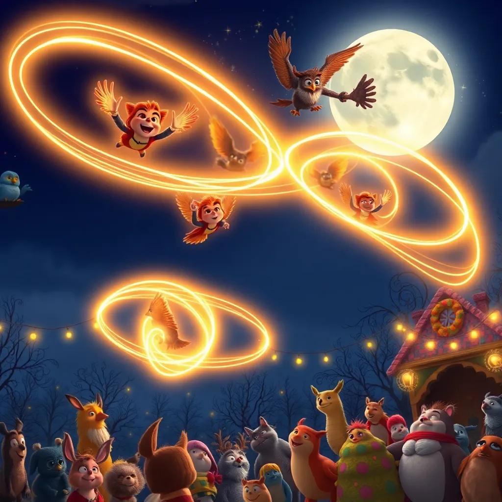 Freddy and his friends flying in loops and spirals, creating glowing light patterns above a happy audience of night creatures, under the watchful gaze of a wise old owl in the moonlight, animated style, lively colors, festive setting, high quality
