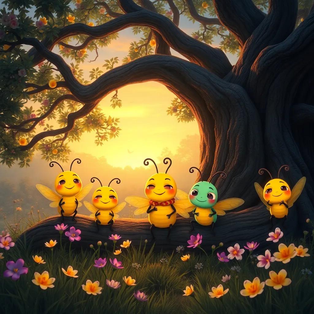 A group of happy fireflies, including Freddy, returning to rest under the old oak tree at dawn, glowing softly with sleepy smiles, flowers blossoming around them, warm light illuminating the scene, heartwarming art, rich colors, serene atmosphere, high quality