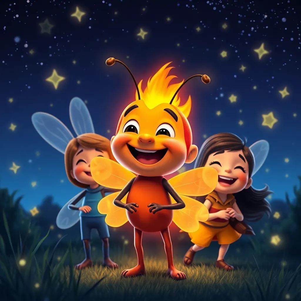Freddy the firefly and friends with bright smiles, enjoying their adventure during a cheerful night, surrounded by shimmering stars, laughter echoing in the air, welcoming atmosphere, colorful digital illustration, joyful setting, high quality