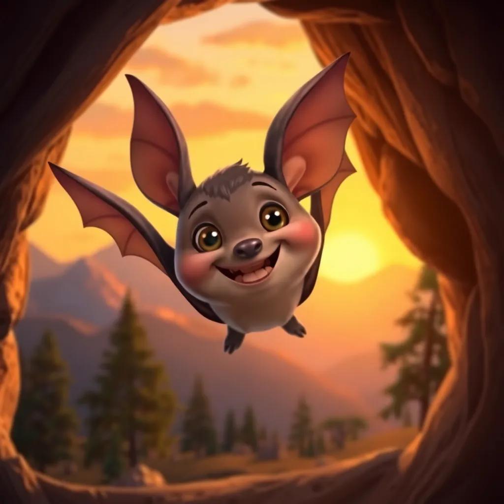 A fruit bat, Freddy, with soft fluffy ears and a bright smile, flying out of a cozy cave at sunset, with mountains and trees in the background, digital art, warm colors, joyful mood, high quality