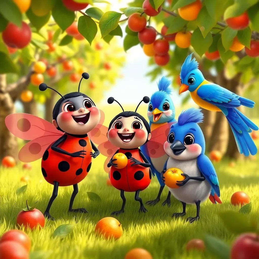 Freddy, Lucy the ladybug with red wings, and Benny the bluebird with bright blue feathers, gathering in the orchard excitedly, picking fruits together, cheerful scene, illustration, colorful, adventure-themed, high quality