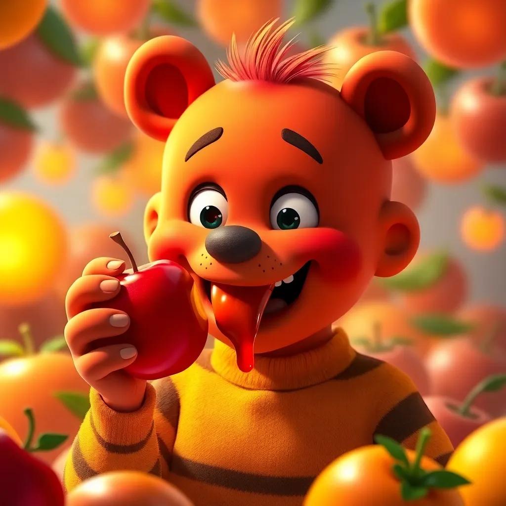 Freddy holding a bright red apple and taking a big bite, with juice trickling down his chin and a big smile, surrounded by the glowing fruits, digital art, realistic style, warm light, fun