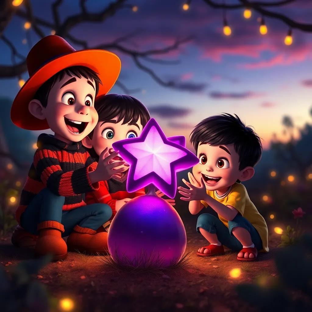Freddy, Lucy, and Benny excitedly discovering a purple star-shaped fruit, glowing intensely in the twilight, with vibrant colors and twinkling lights around, fantasy-style artwork, inviting atmosphere, detailed
