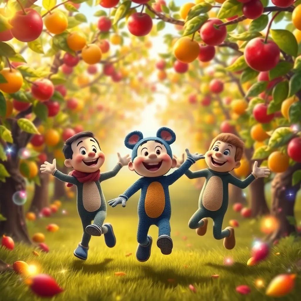 Freddy and his friends dancing in the orchard with colorful sparkles all around, joyful expressions, swaying trees filled with magical fruits, digital painting, fun and lively, high quality