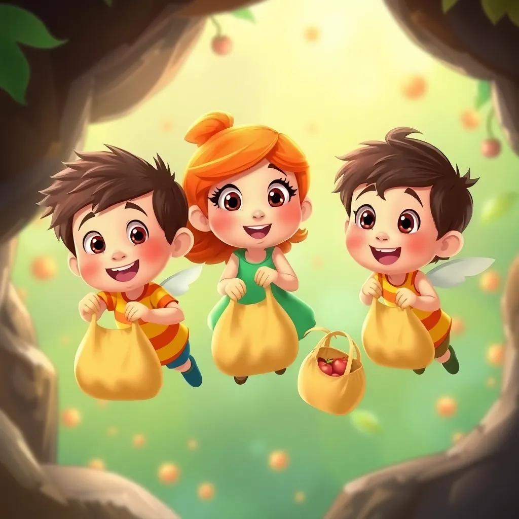 Freddy, Lucy, and Benny happily gathering fruits into tiny bags, with excitement in their eyes as they fly together back to the cave, vibrant background, illustration, cheerful atmosphere, child-friendly