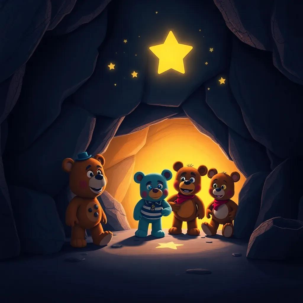 Freddy and friends returning to their cozy cave, with stars twinkling brightly above them, warm light spilling from the entrance of the cave, delightful scene, digital art, heartwarming, inviting