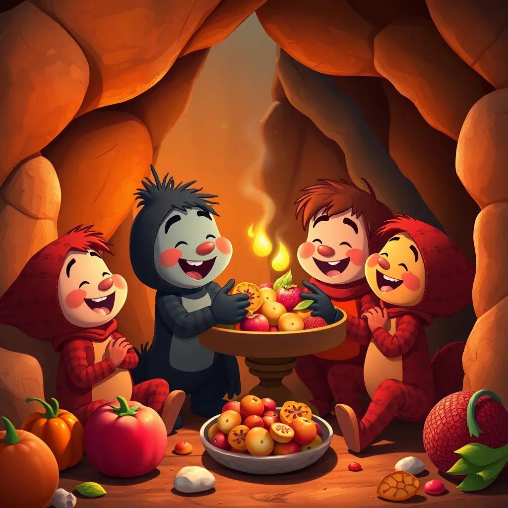 Freddy and his friends sharing the magical fruits with their cave friends, with everyone laughing and enjoying the flavors, cozy cave setting with warm colors and happy faces, illustration, joyful atmosphere, high quality