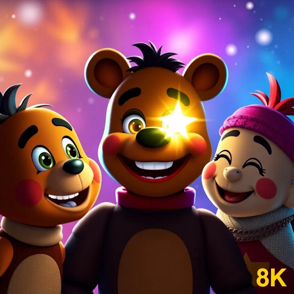 Freddy smiling with his friends after their adventure, with a bright shining star reflecting in their eyes, symbolizing friendship and joy, colorful background, digital art, inspirational and uplifting scene, engaging