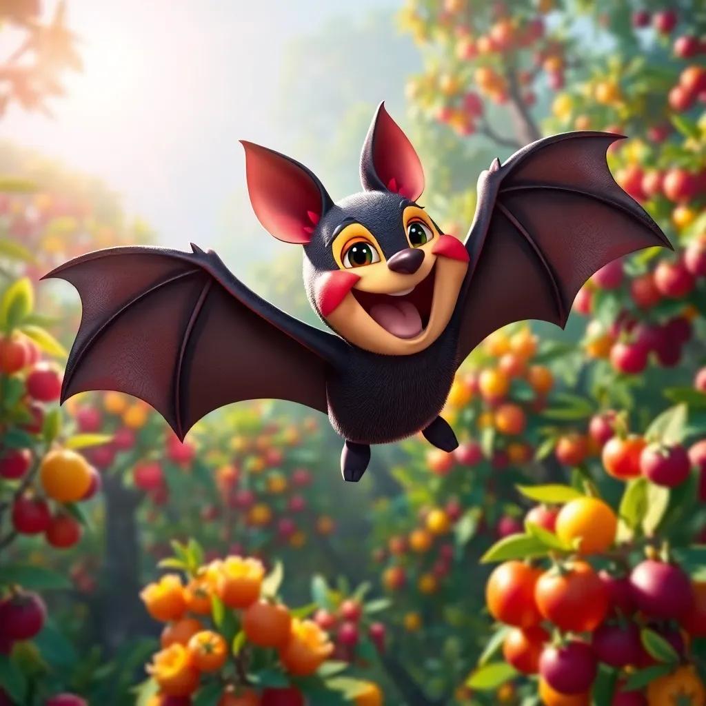 A cheerful fruit bat, Freddy, flying over a vibrant forest filled with colorful fruits, bright sunlight, whimsical style, digital art, vivid colors, playful atmosphere, aerial view, high quality