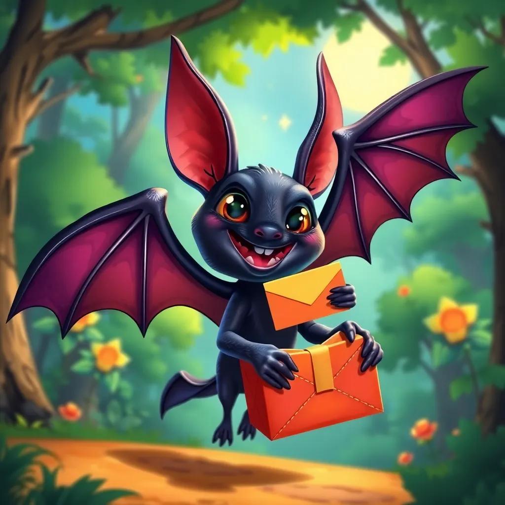 Freddy the fruit bat, with shiny black wings and bright eyes, happily delivering colorful invitations to his forest friends, surrounded by green trees, playful scenery, illustration, warm light, cheerful vibe, detailed