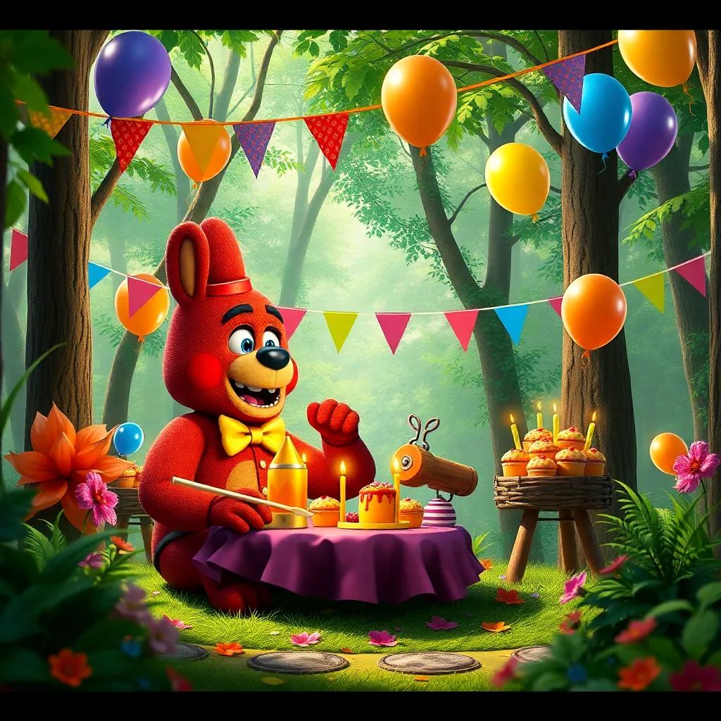 Freddy organizing a festive party in the forest with colorful decorations like balloons and banners, lush greenery, rich colors, joyful ambiance, fairy-tale style, high quality