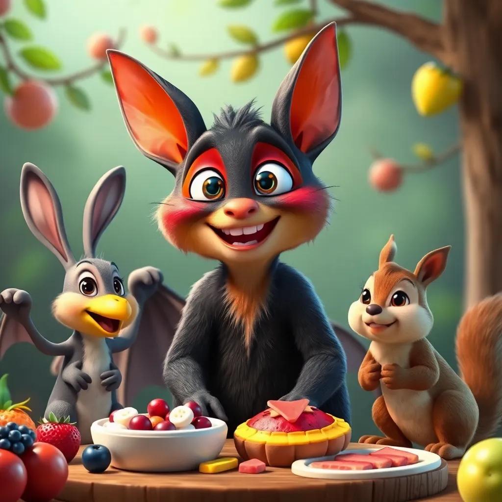 Freddy the fruit bat, smiling as he greets his friends, Benny the bunny, Bella the bird, and Sam the squirrel, with colorful fruits and treats around, friendly atmosphere, detailed digital art, high quality