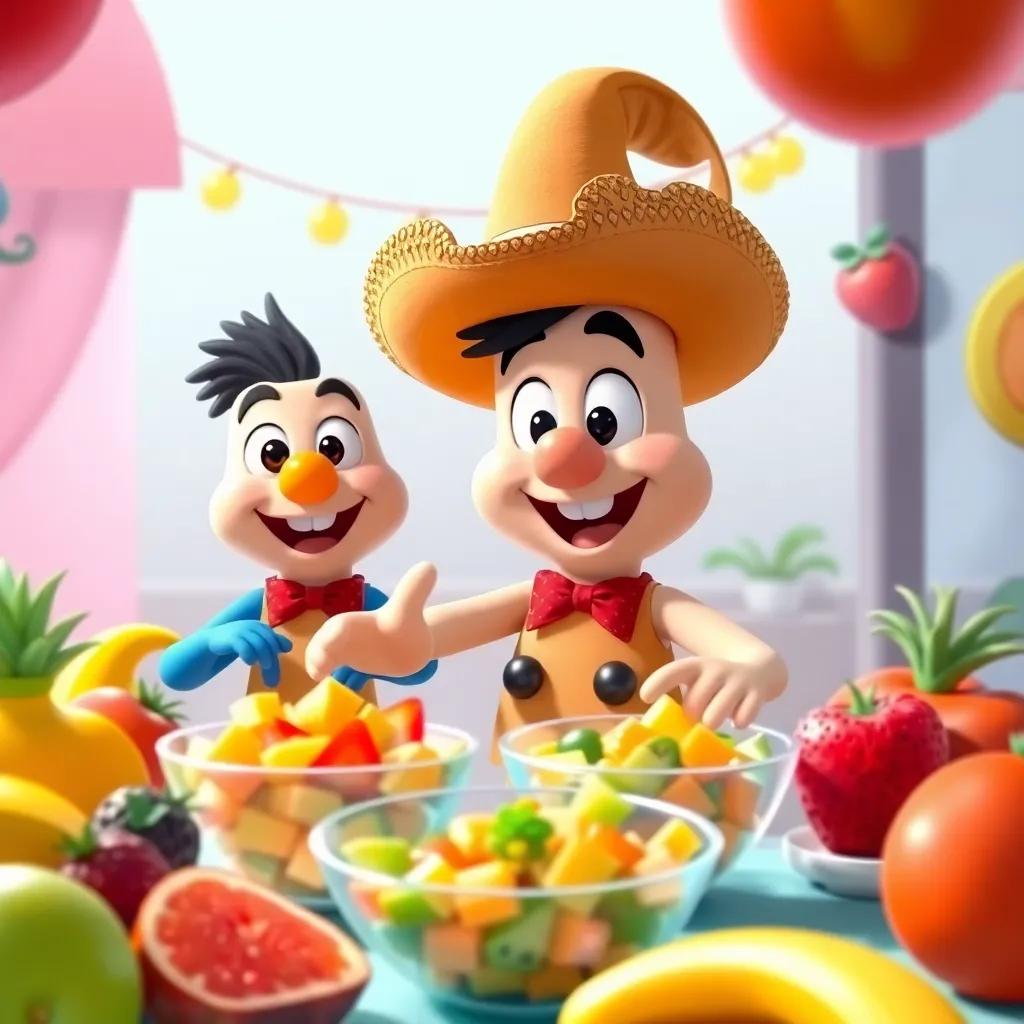 Freddy leading his friends to make fruit salads at the fiesta with laughter and colorful fruits around, engaging and fun scene, cheerful mood, vibrant colors, high quality
