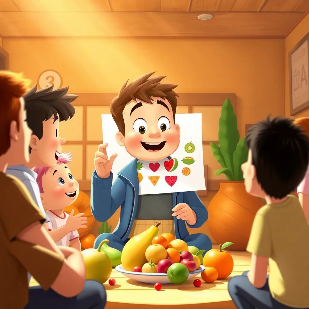 Freddy educating his friends about the benefits of fruits, surrounded by eager listeners like Benny, Bella, and Sam, engaging friendly environment, detailed illustration, warm and inviting light, high quality