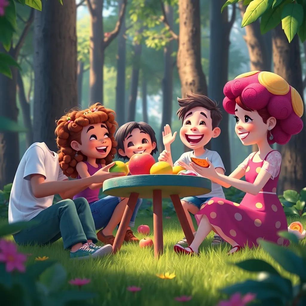 A lively scene of the friends playing games like fruit toss in the forest, filled with laughter and joy, bright colors, playful tone, digital art, high quality