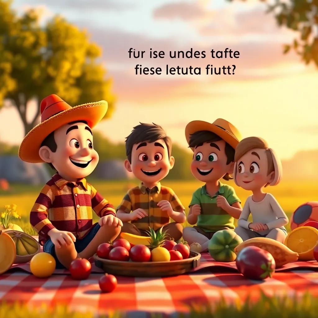 Freddy asking his friends about their favorite fiesta parts, all sitting on a picnic blanket with fruits, happy and satisfied expressions, warm sunset light, inviting atmosphere, high quality