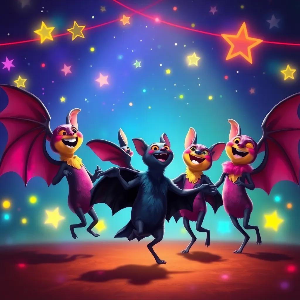 Freddy the fruit bat and his friends dancing under the stars, colorful lights and happy faces, evoking a magical end to the fiesta, joyful vibe, detailed digital painting, high quality