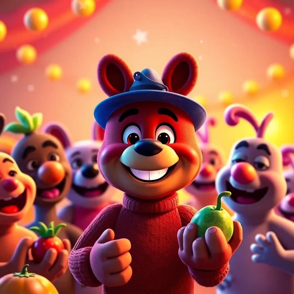 Freddy smiling, surrounded by his friends, with fruits in their hands, expressing their joy about the fun fiesta, with twinkling stars above and warm colors, high quality