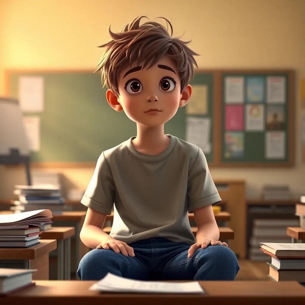 A young boy, Sam, with messy brown hair, wearing a simple t-shirt and jeans, sitting in a classroom looking thoughtful, surrounded by books and papers, soft lighting, warm colors, inspiring atmosphere, digital art