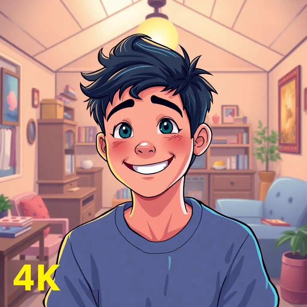 A young man, Leo, with a bright smile, living in a small, simple house with his family, surrounded by humble furniture and a warm atmosphere, digital art, cheerful colors, cozy feel, high quality