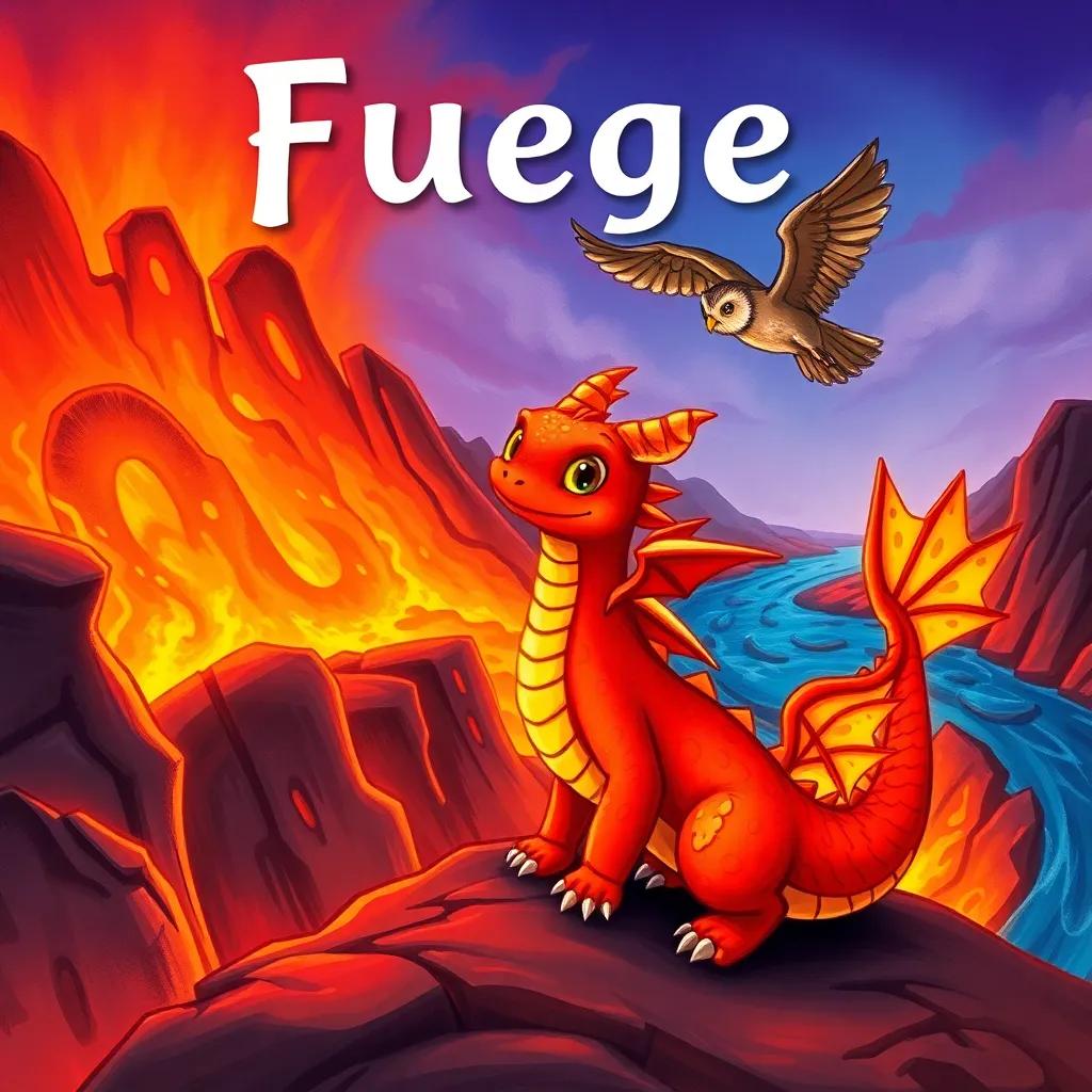 Fuego, a small dragon with bright scales, facing a fiery lava river with determination, a wise owl flying beside him, vibrant colors, epic adventure atmosphere, high quality