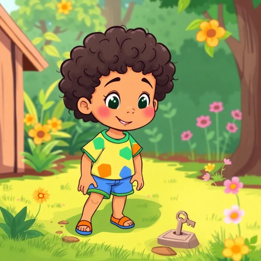 A bright child, Fulan, with curly hair, wearing a colorful t-shirt and shorts, finding a shiny key on the ground in a bright green garden, cartoon style, cheerful colors, playful atmosphere, high quality