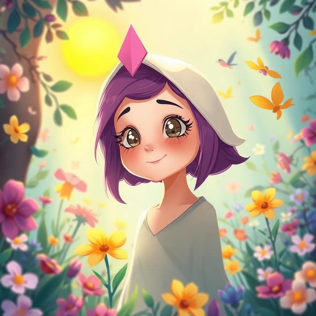 Gabi, uma jovem bruxinha bondosa, com cabelos cacheados e um chapéu pontudo, em uma floresta mágica iluminada pelo sol, rodeada por flores coloridas e pássaros cantando, ilustração alegre, atmosfera encantadora, detalhes vibrantes.