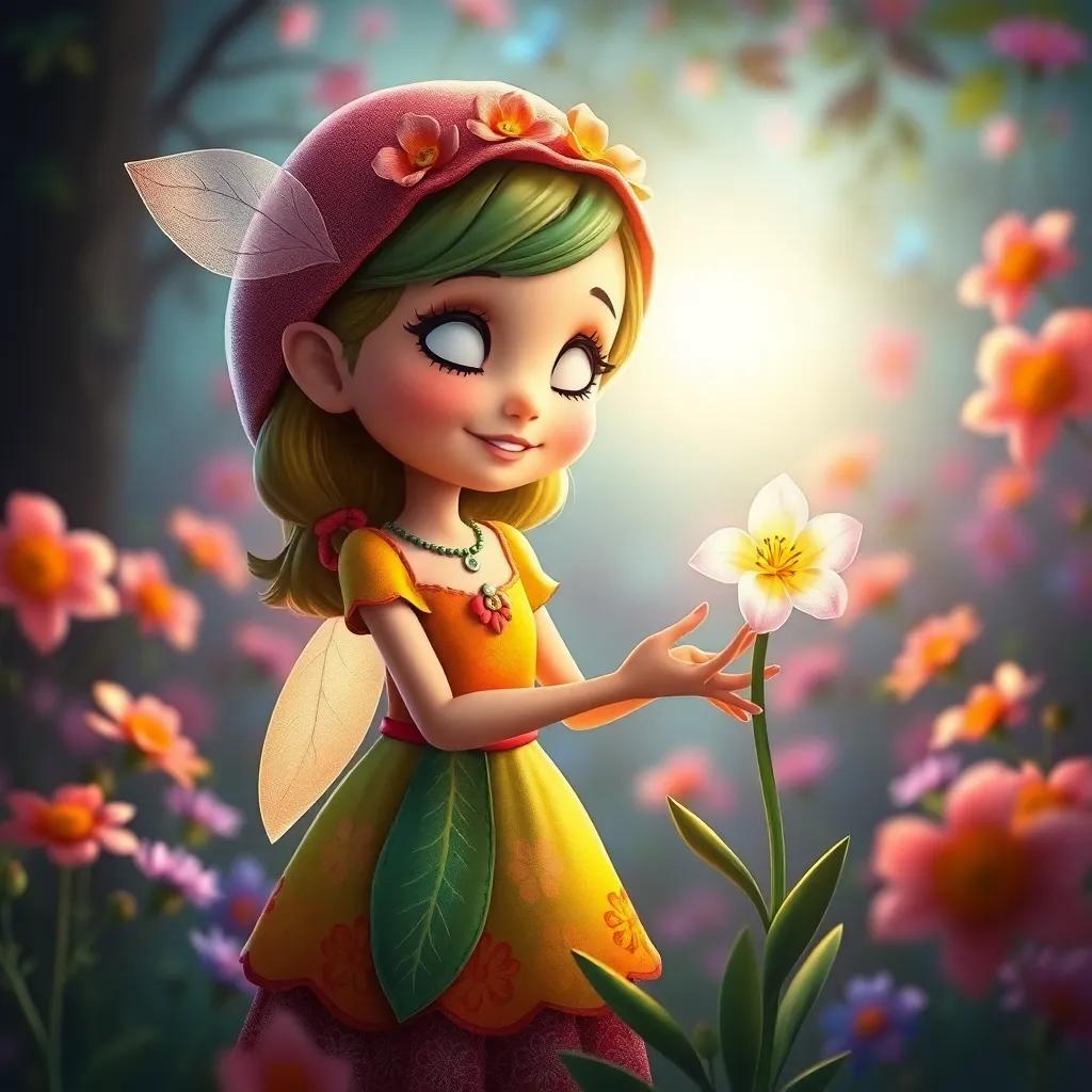 Gabi, a bruxinha boazinha, com cabelos cacheados e um vestido colorido, colhendo uma flor mágica brilhante sob a luz do sol, na floresta mágica, arte digital, vibrante, acolhedora, encantadora.