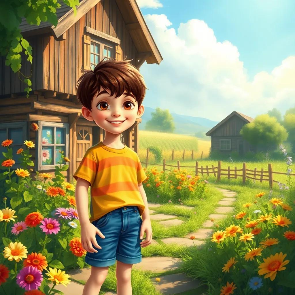 A green and magical farm with a wooden house, featuring eight-year-old Gabriel, a cheerful boy with short brown hair, wearing a colorful t-shirt and denim shorts, surrounded by vibrant flowers, warm sunlight and a playful atmosphere, digital art, bright colors, inviting scene, high quality
