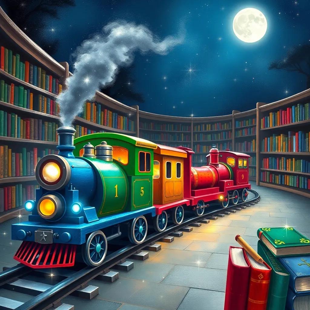 Gabriel's toy trains come to life under the silver moonlight, showcasing a lively scene where Train 1 is bright blue, Train 2 is vivid green, and Train 3 is shiny red, all animatedly exploring an enchanting library filled with colorful books, with whimsical sparkles around them, illustration, magical, child-friendly, high quality