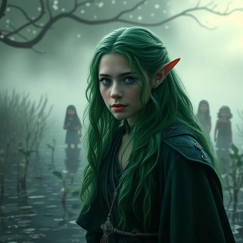 A brave female elf, Galadriel, with shimmering green hair, wading through a foggy swamp, giggling children in the background, mystical atmosphere, soft light, green and gray colors, enchanting perspective, high detail, magical art