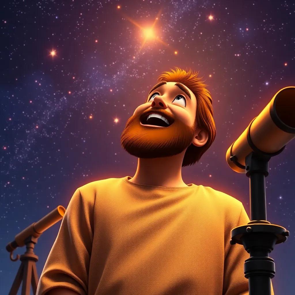 A historical scene of a joyful Galileo looking up at the night sky, surrounded by stars and a telescope, wearing a simple tunic, enthusiastic expression, inspiration, digital art, warm light, enchanting colors, vibrant atmosphere, high quality