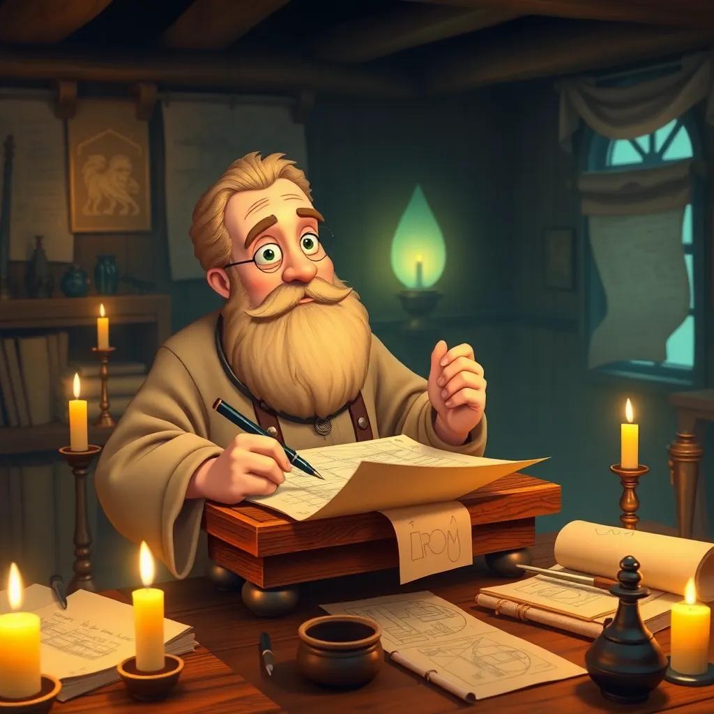 Galileo with a thoughtful expression, sketching a grand plan at his desk filled with scrolls and sketches, simple clothing, surrounded by wax candles and ink pots, imaginative setting, cozy, warm light, child-friendly, high quality