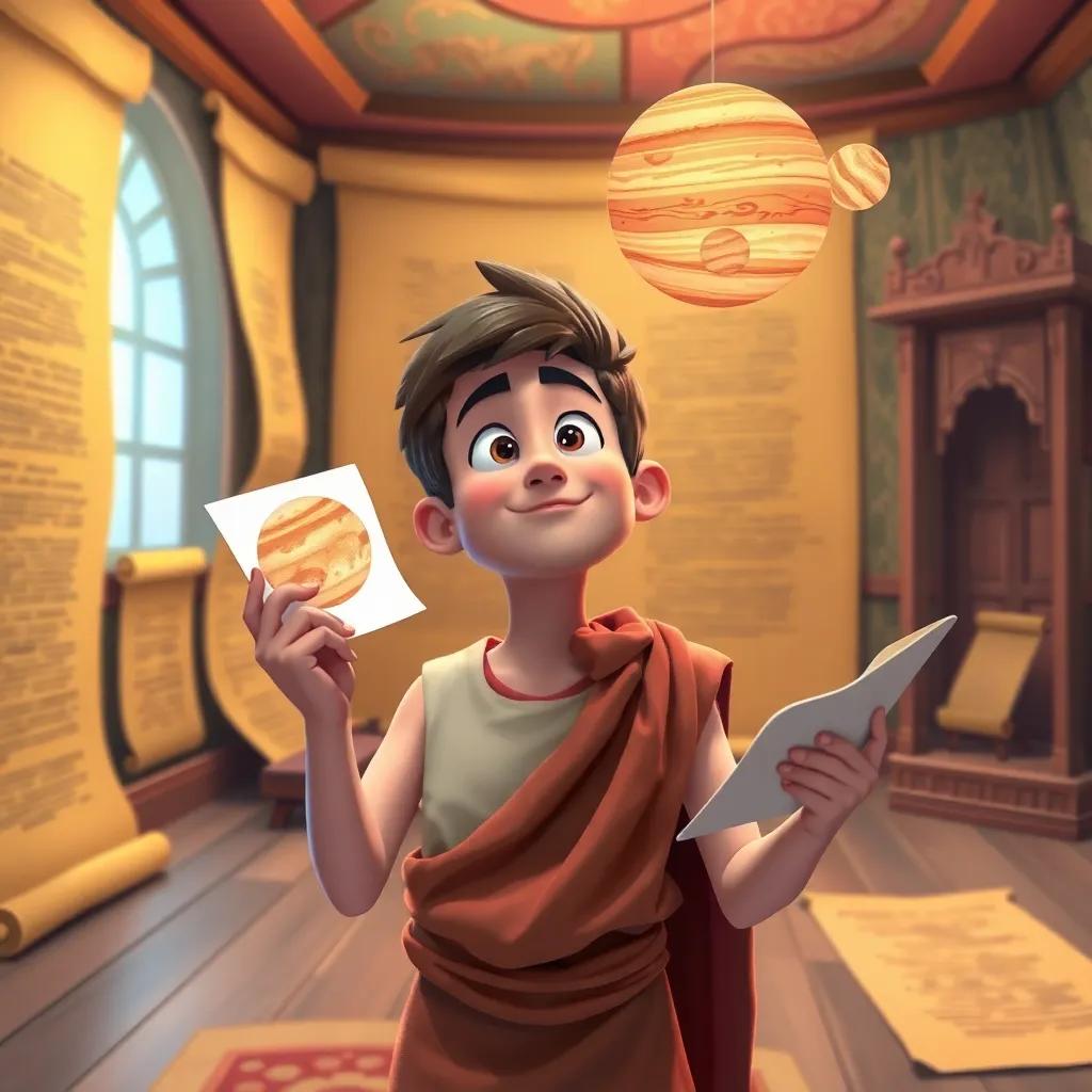 A creative Galielo imagining his plan, in a vibrant room with papyrus scrolls, drawing Jupiter with four moons, wearing a simple tunic, light-hearted atmosphere, lively colors, detailed background, fun storytelling, child-friendly, high quality