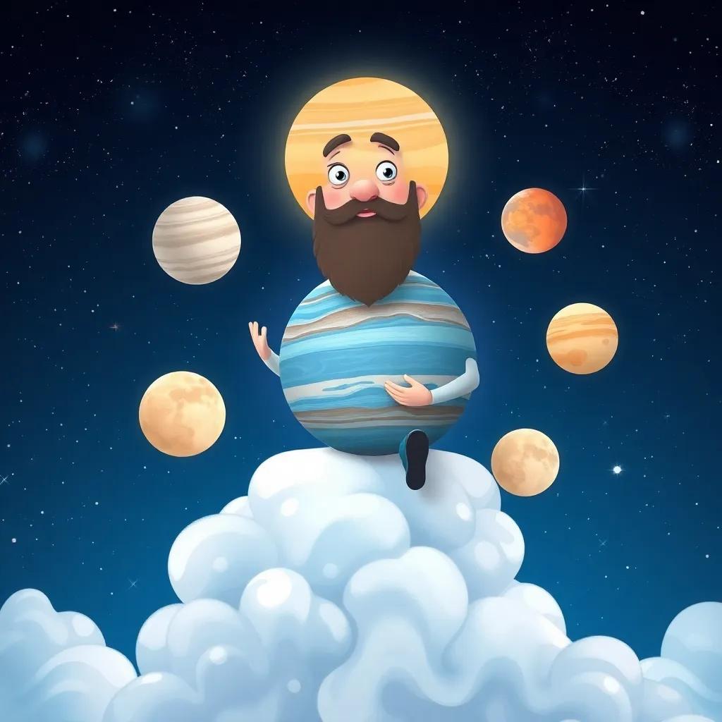 Galileo presenting the drawing of Jupiter sitting on a cloud, with four moons around him in a cosmic starry backdrop, an enchanting and joyful scene designed for children, whimsical colors, uplifting feel, storytelling view, high quality