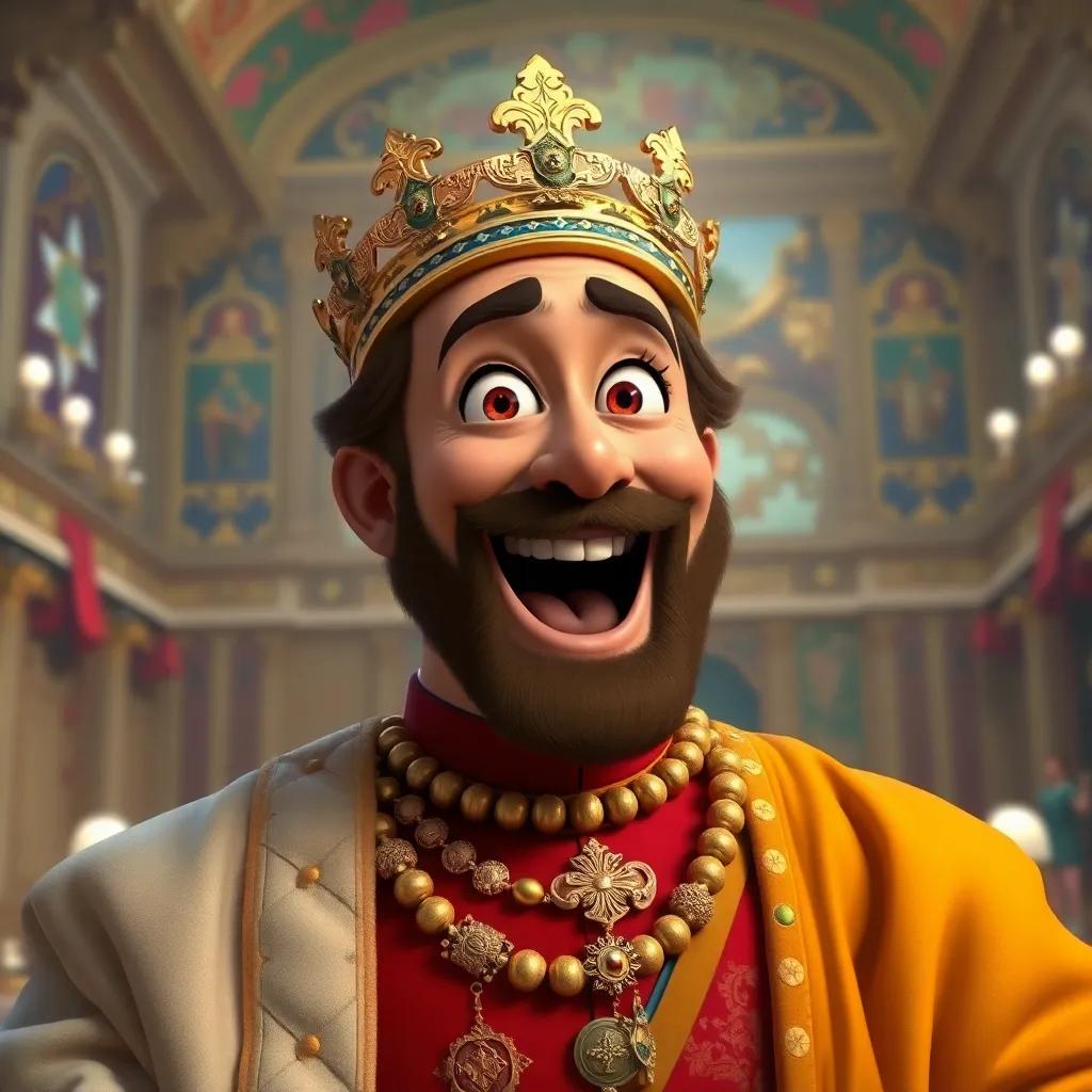 An excited Cosimo II, with bright eyes and royal attire, laughing with support for Galileo, a lavish palace in the background with vibrant decorations, cheerful atmosphere, warm colors, storytelling moment, high quality