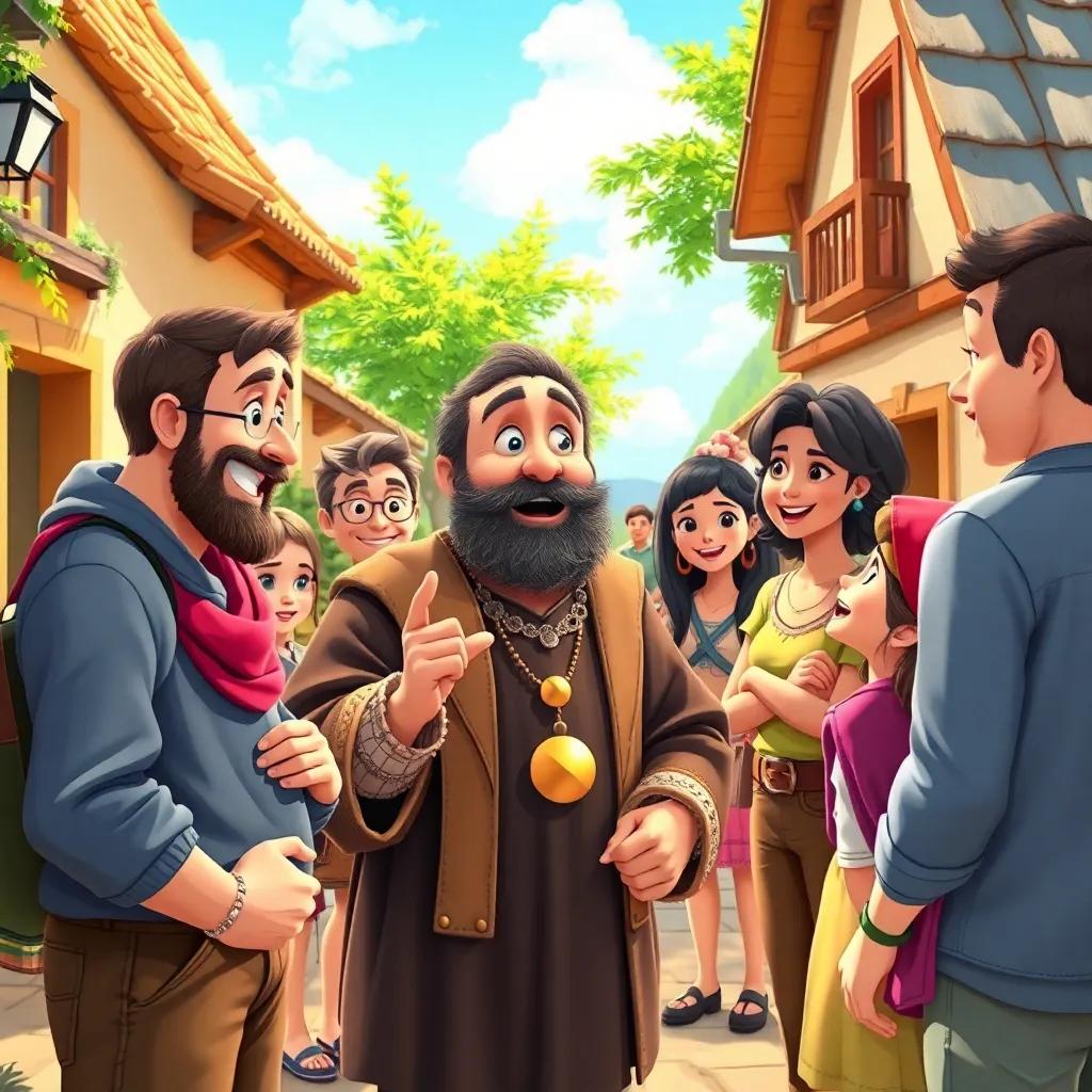 Galileo chatting with amazed friends, showcasing his success, a friendly atmosphere in a quaint village, with various people smiling and engaging, bright daylight, happy expressions, joyful and warm colors, child-friendly, high quality