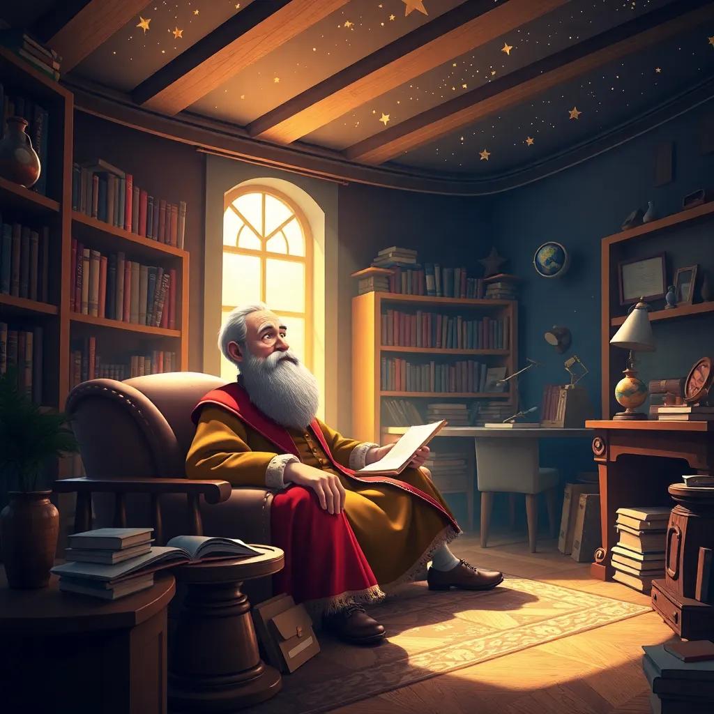 Galileo living comfortably in his peaceful study filled with books and stars, reflecting on his adventures and plans, a cozy and inviting space with a warm light, decorated with scientific instruments, radiant colors, high quality