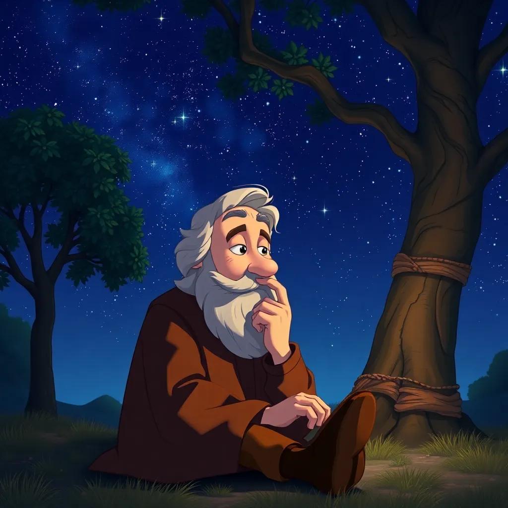 Galileo with a thoughtful expression, contemplating the stars while sitting under a tree, a night sky filled with stars illuminating the scene, peaceful ambiance, cozy and reflective feel, vivid colors, high quality